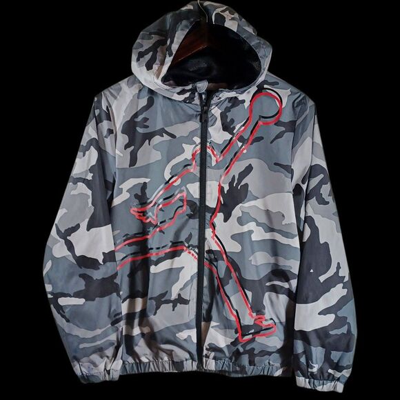 Jordan Boys L 12-13yrs Camo Windbreaker Zip Hoodie Jacket Gray Red Jumpman Logo - Picture 2 of 8